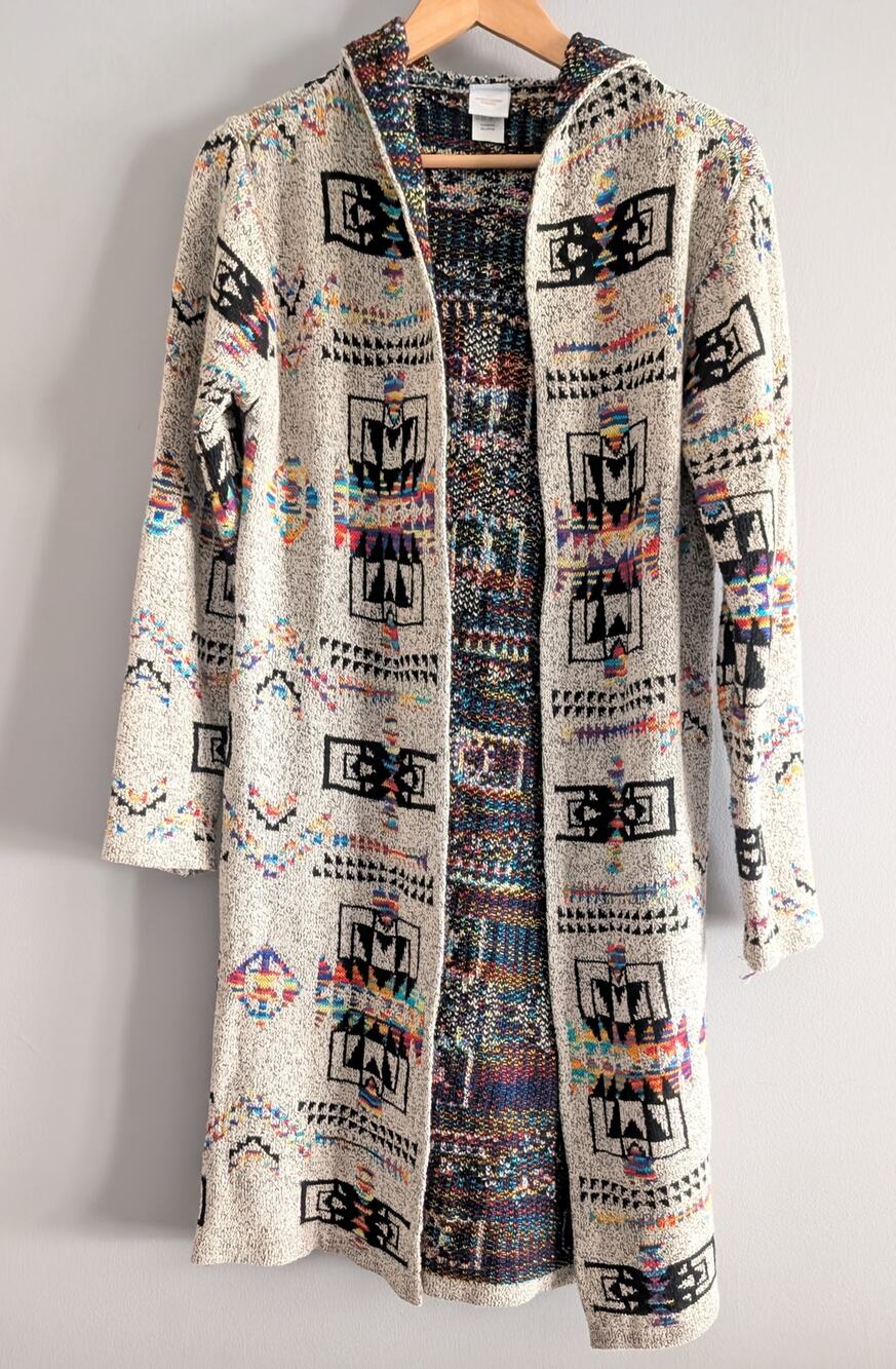 NORTHERN ANGEL Colorful Aztec Long Hooded Knit Cardigan Sweater Size M